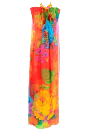 1960s Hanae Mori Silk Floral Long Halter Dress w/ Low Scoop Back