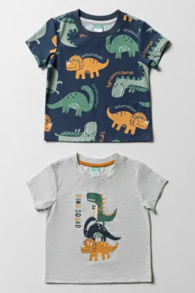 2 Pack Dinosaur Short Sleeve T-Shirts Grey & Navy