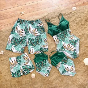 2024 Family Matching Swimwear One-Piece Mother Daughter Swimsuits Beach Mommy and Me Clothes Outfits Leaf Father Son Swim Shorts