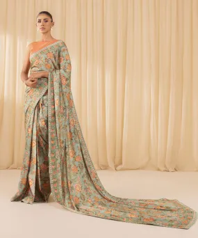 3 Piece -  Printed Satin Saree