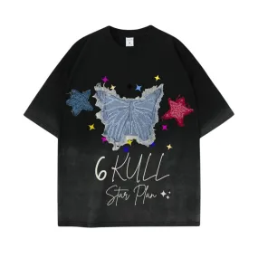 6Kull | Star Plan Butterfly Denim Washed T-Shirt