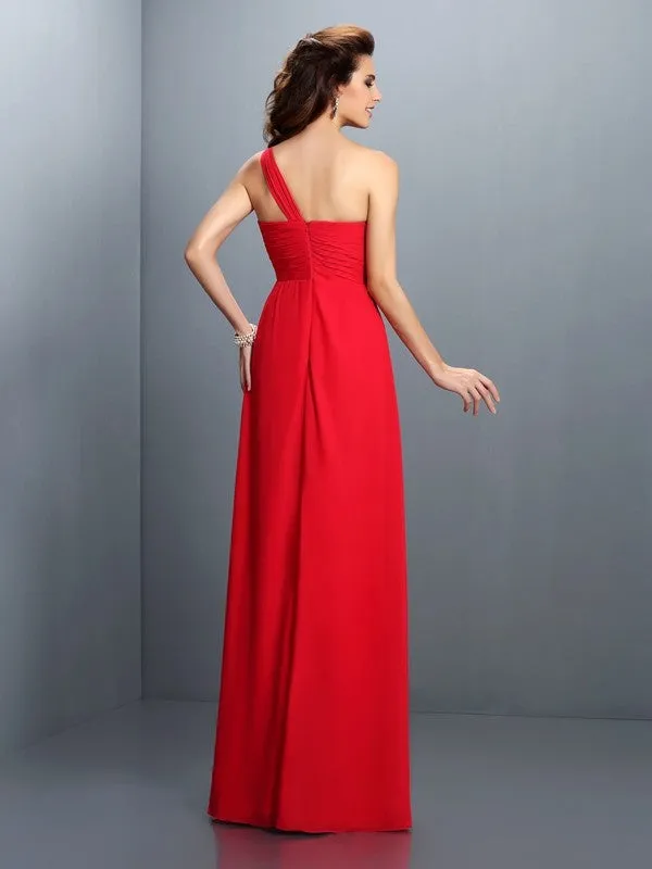 A-Line Chiffon One-Shoulder Sleeveless Floor-Length With Hand-Made Flower Bridesmaid Dresses