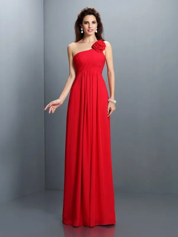 A-Line Chiffon One-Shoulder Sleeveless Floor-Length With Hand-Made Flower Bridesmaid Dresses