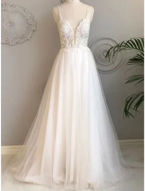 A-Line Evening Gown Minimalist Dress Engagement Wedding Party Sweep / Brush Train Sleeveless V Neck Tulle with Beading Appliques Shouder Flower