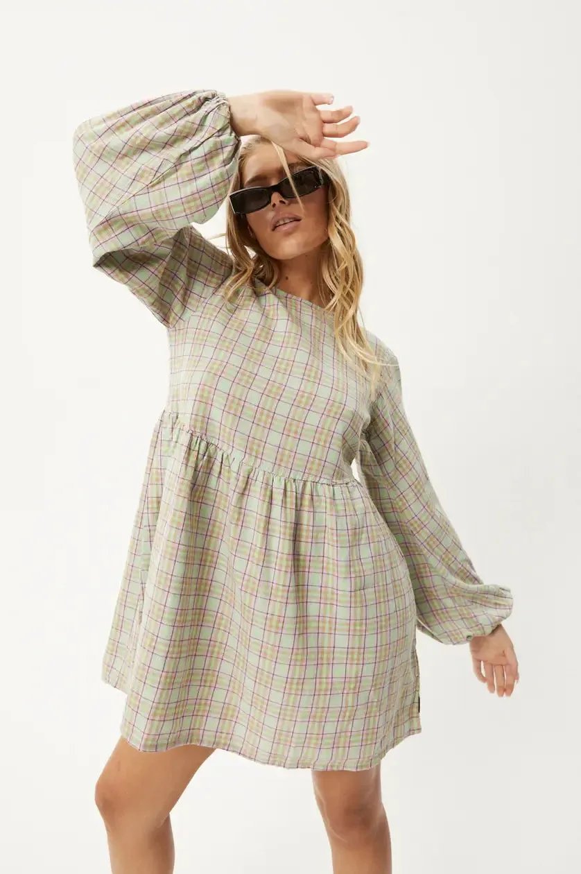 Afends kali- long sleeve mini dress - pistachio check long sleeve mini dress