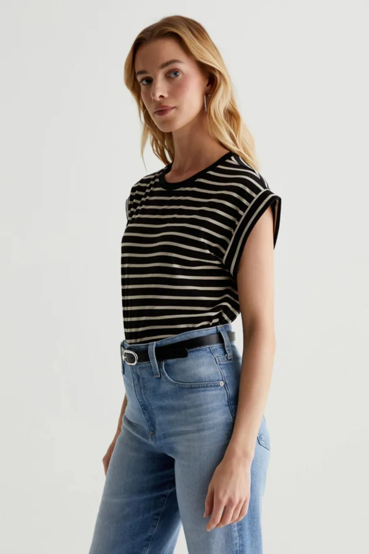 AG Denim Rowan Striped Rolled Sleeve T-Shirt - Coastal Stripe True Black/ Flax