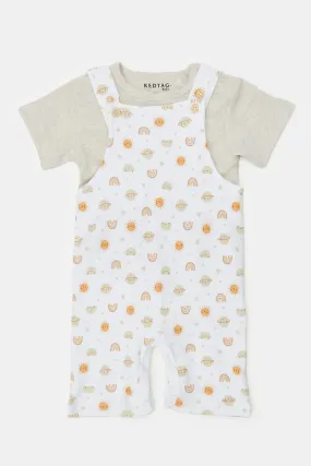 Baby Beige And White Printed T-Shirt And Dungaree Set (2 Piece)