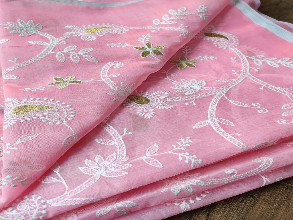 Baby Pink Chikankari Embroidered Chanderi Fabric