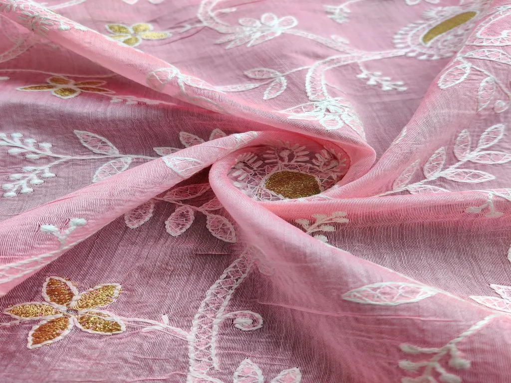 Baby Pink Chikankari Embroidered Chanderi Fabric