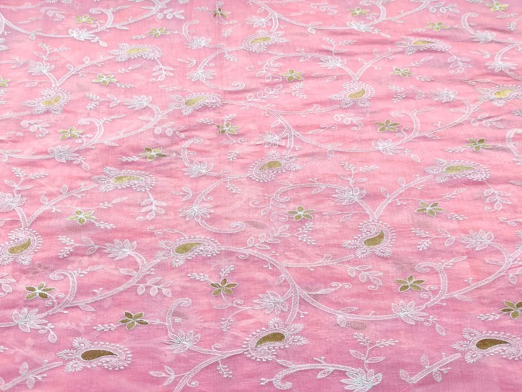 Baby Pink Chikankari Embroidered Chanderi Fabric