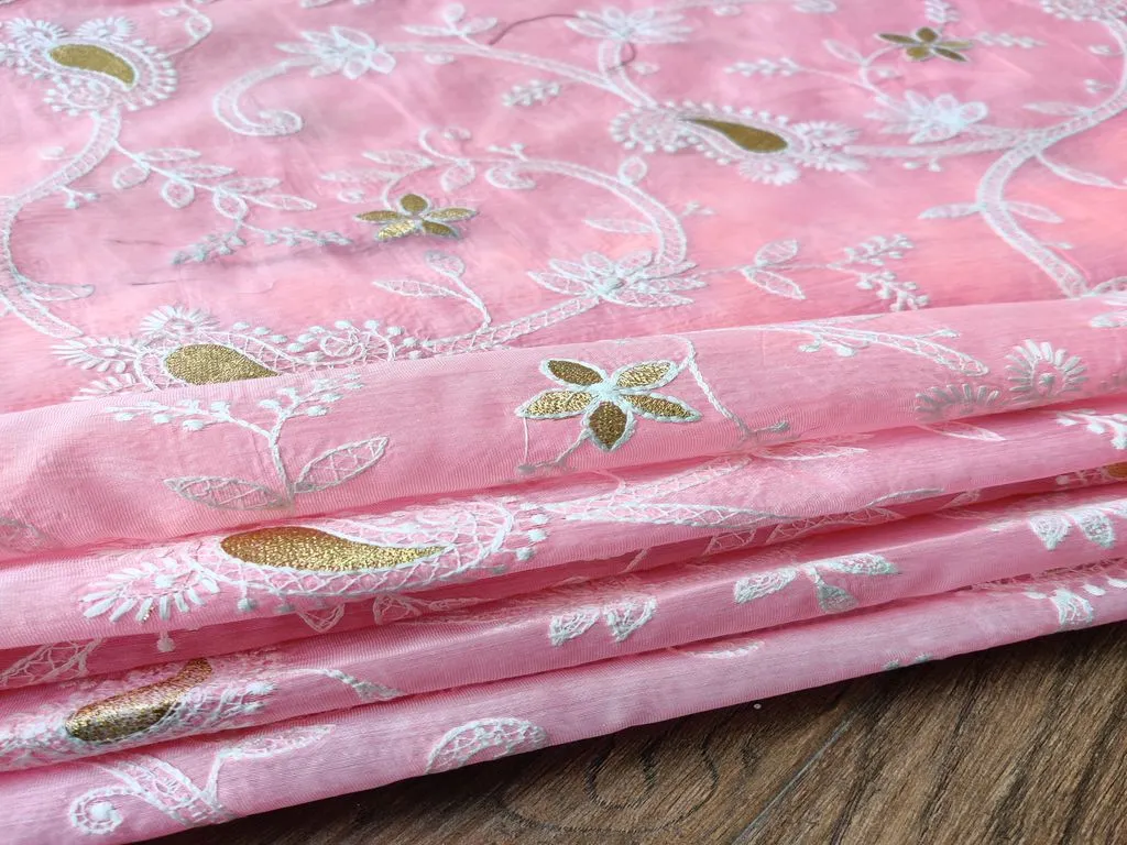 Baby Pink Chikankari Embroidered Chanderi Fabric