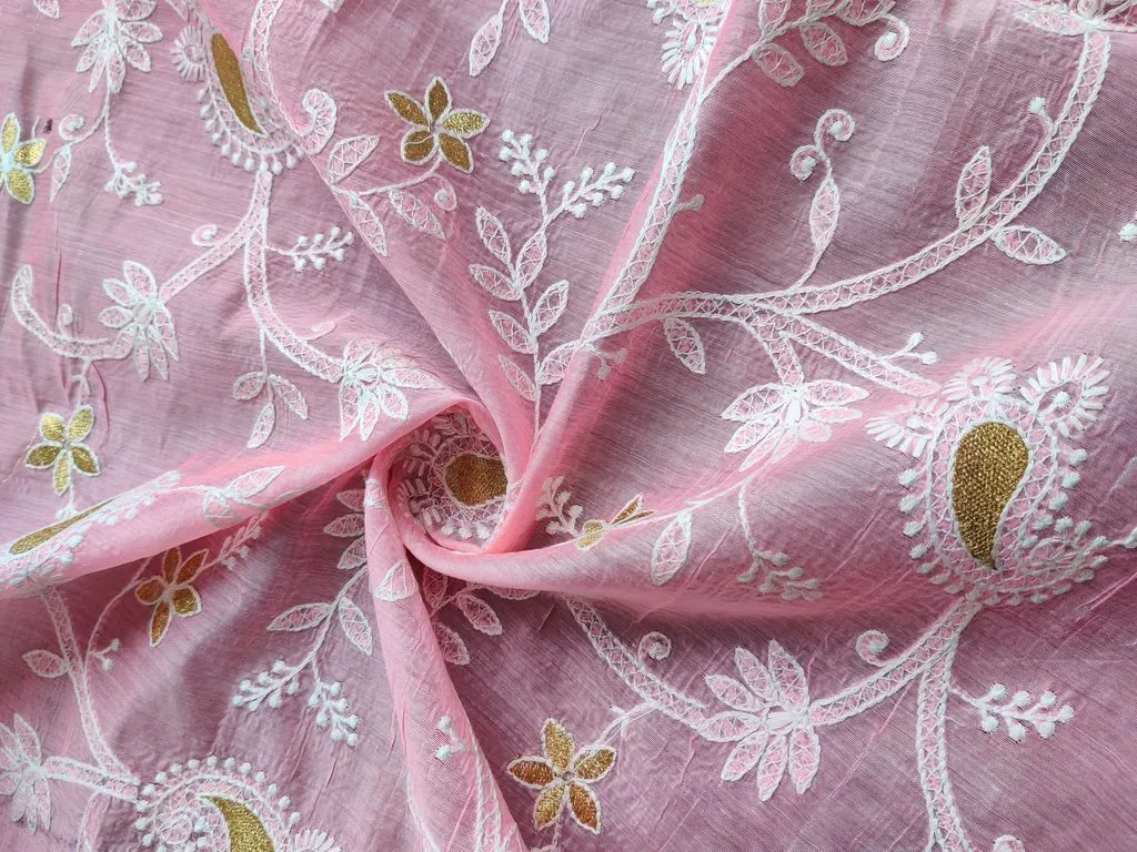 Baby Pink Chikankari Embroidered Chanderi Fabric