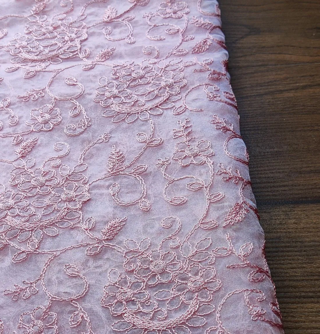 Baby Pink Floral Embroidered Organza Fabric