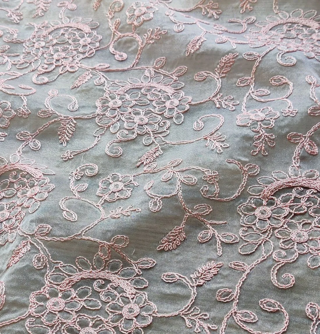 Baby Pink Floral Embroidered Organza Fabric