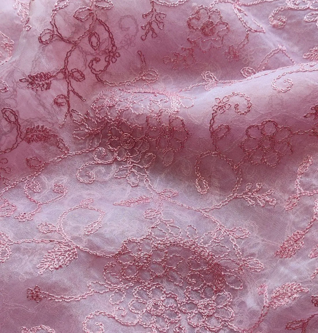 Baby Pink Floral Embroidered Organza Fabric