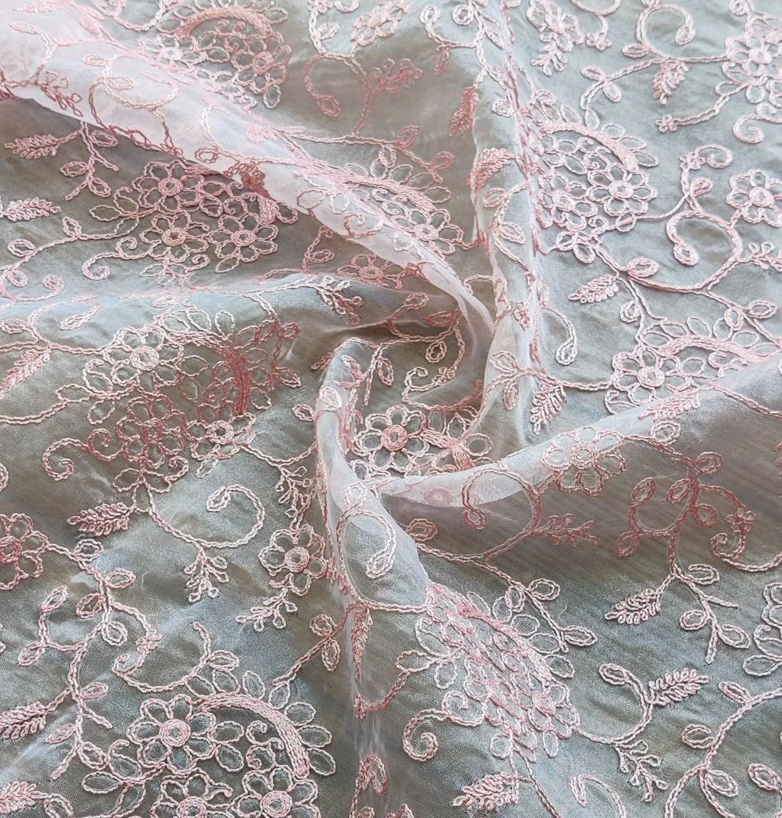 Baby Pink Floral Embroidered Organza Fabric