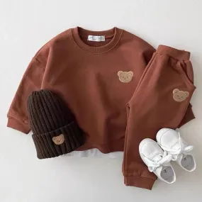 Baby UNISEX Bear Plain Top & Bottom Set -Brown