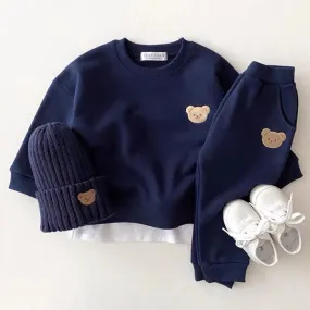 Baby UNISEX Bear Plain Top & Bottom Set - Navy