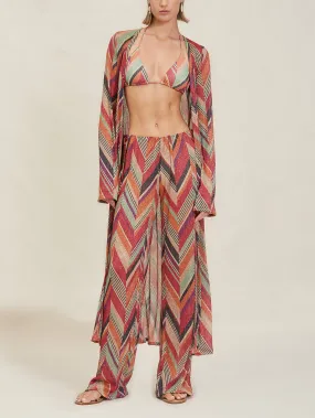 Beach Resort Geometric Print Graceful Bell Sleeve Cardigan Midi Dress