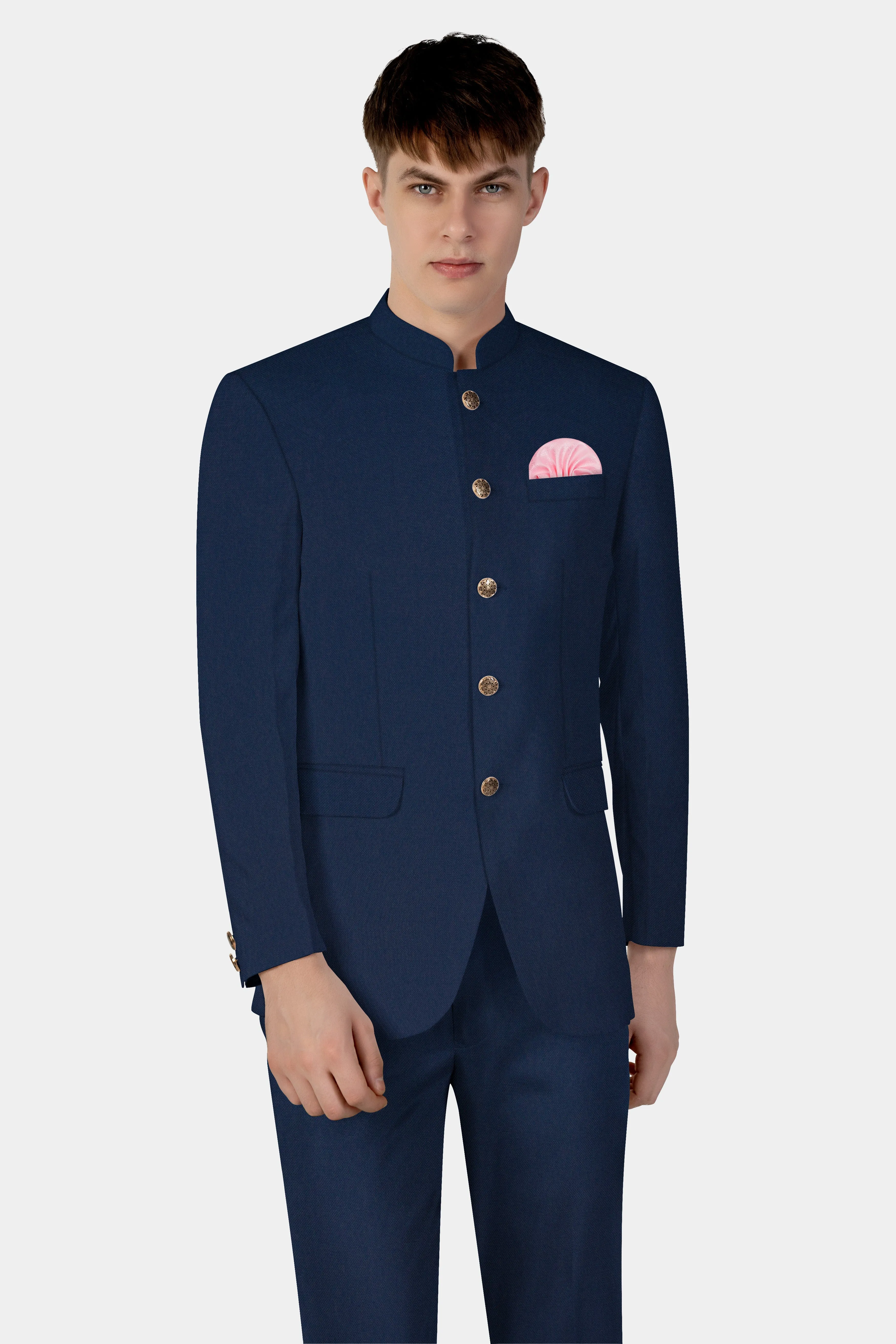 Big Stone Blue Textured Wool Blend Bandhgala Suit