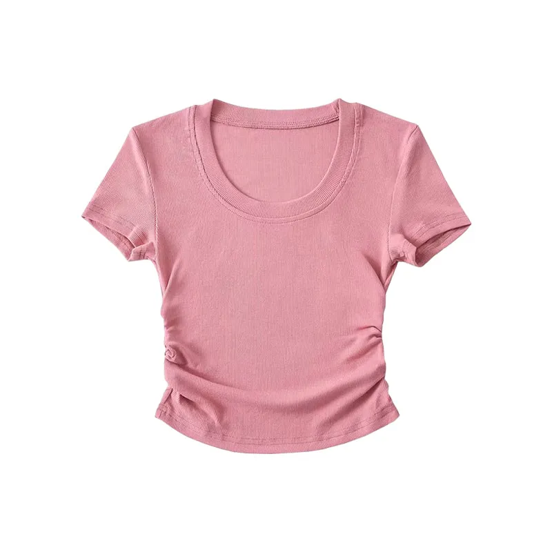 Blaire Solid Color Round Neck Slim Short Sleeve Cropped Top