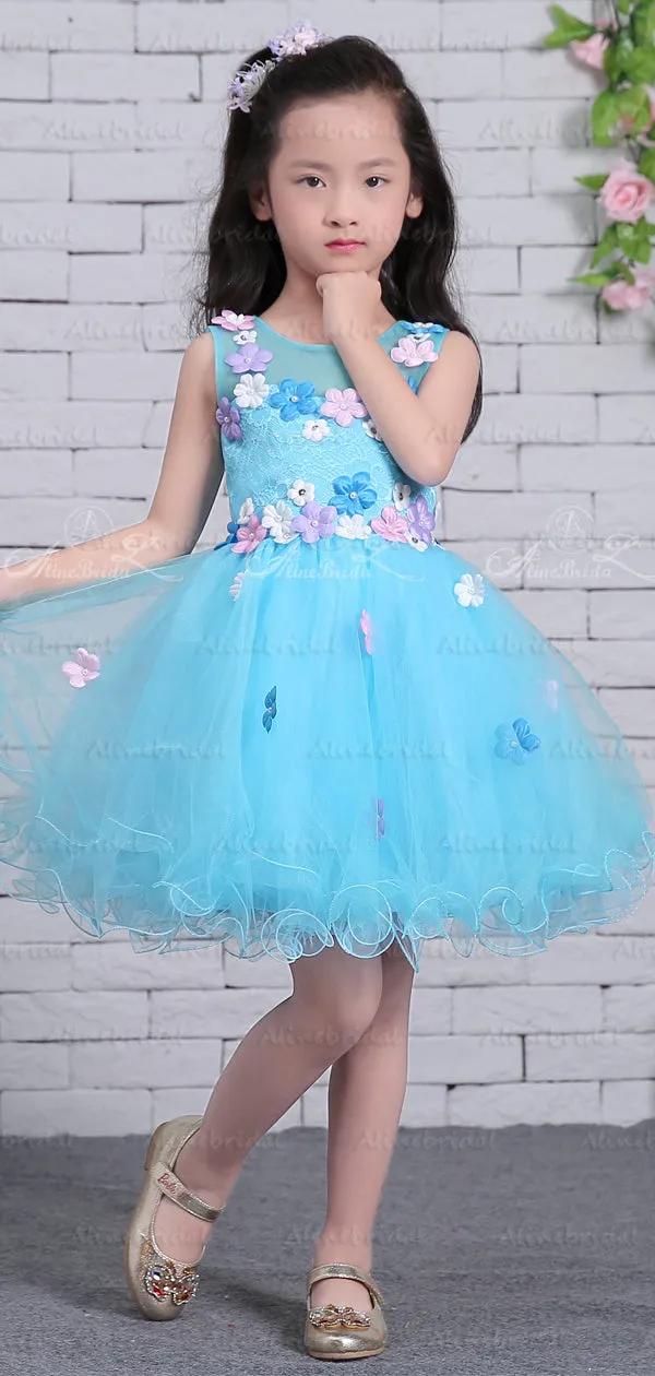 Blue Tulle Colorful Floral Applique Cute Flower Girl Dresses, FGS126