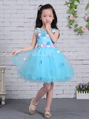 Blue Tulle Colorful Floral Applique Cute Flower Girl Dresses, FGS126