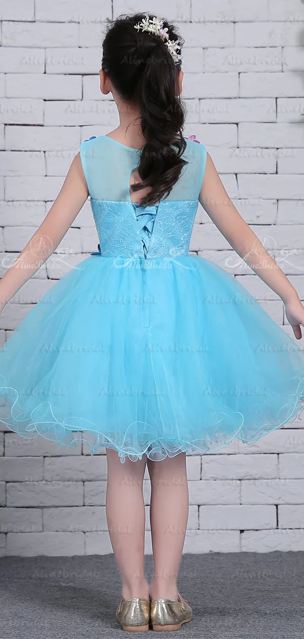 Blue Tulle Colorful Floral Applique Cute Flower Girl Dresses, FGS126