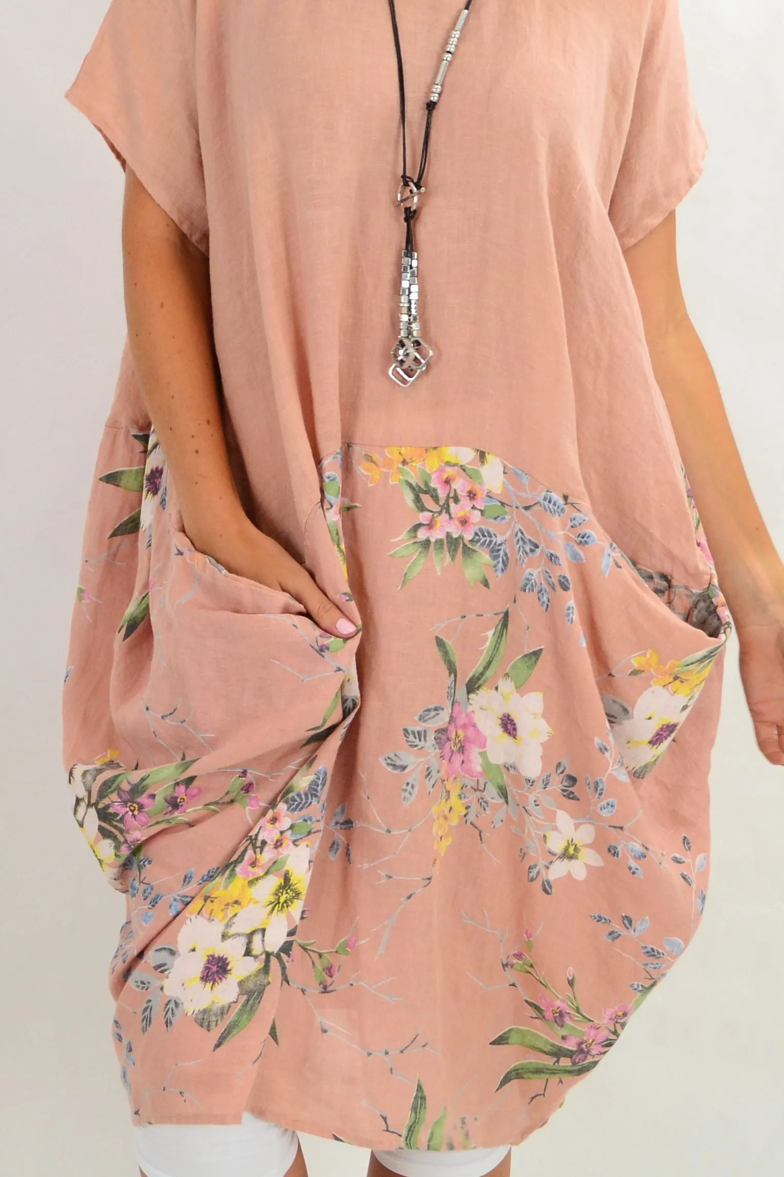 Blush Native Flower Sleeve Linen Tunic Dress