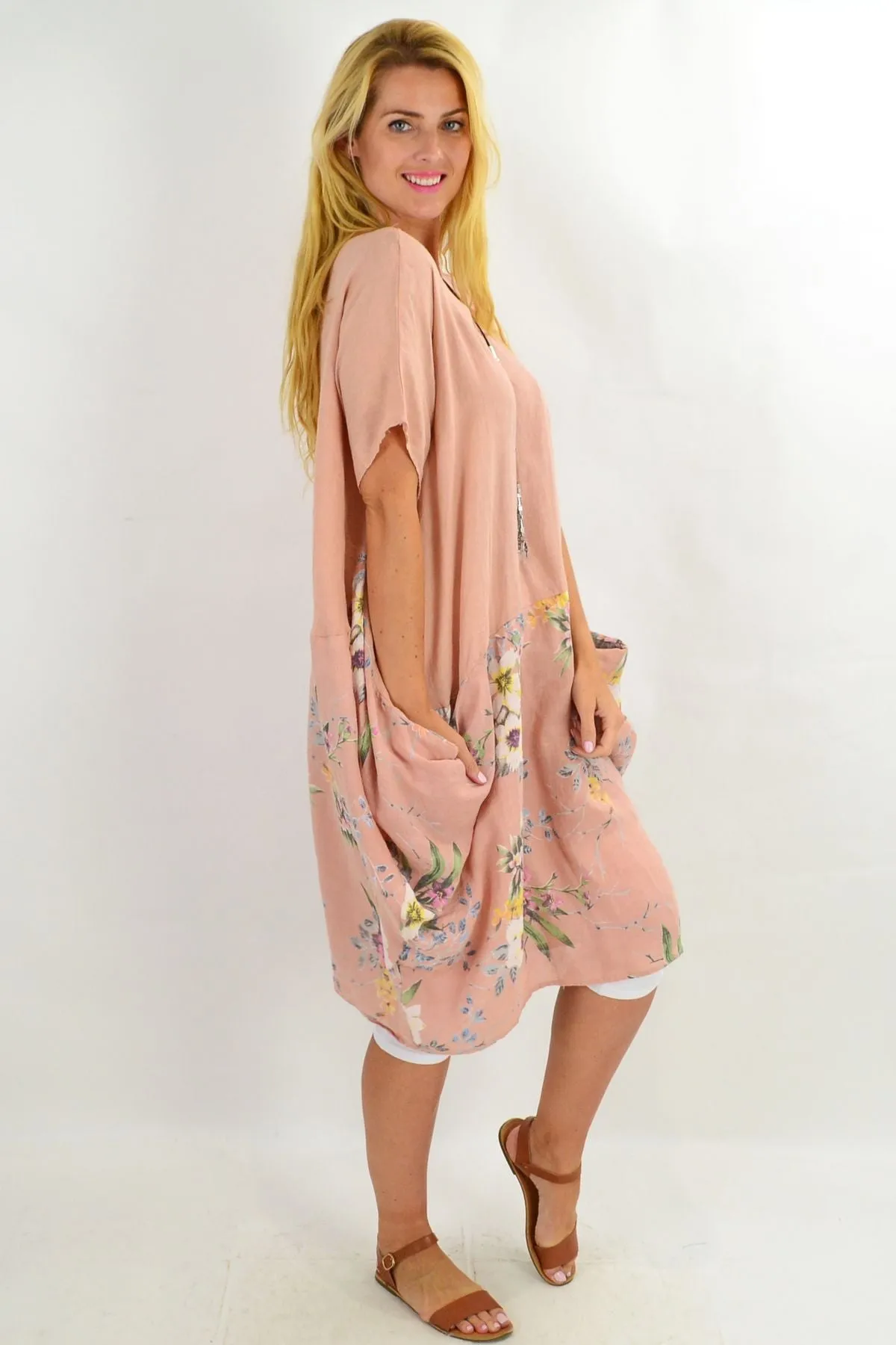 Blush Native Flower Sleeve Linen Tunic Dress