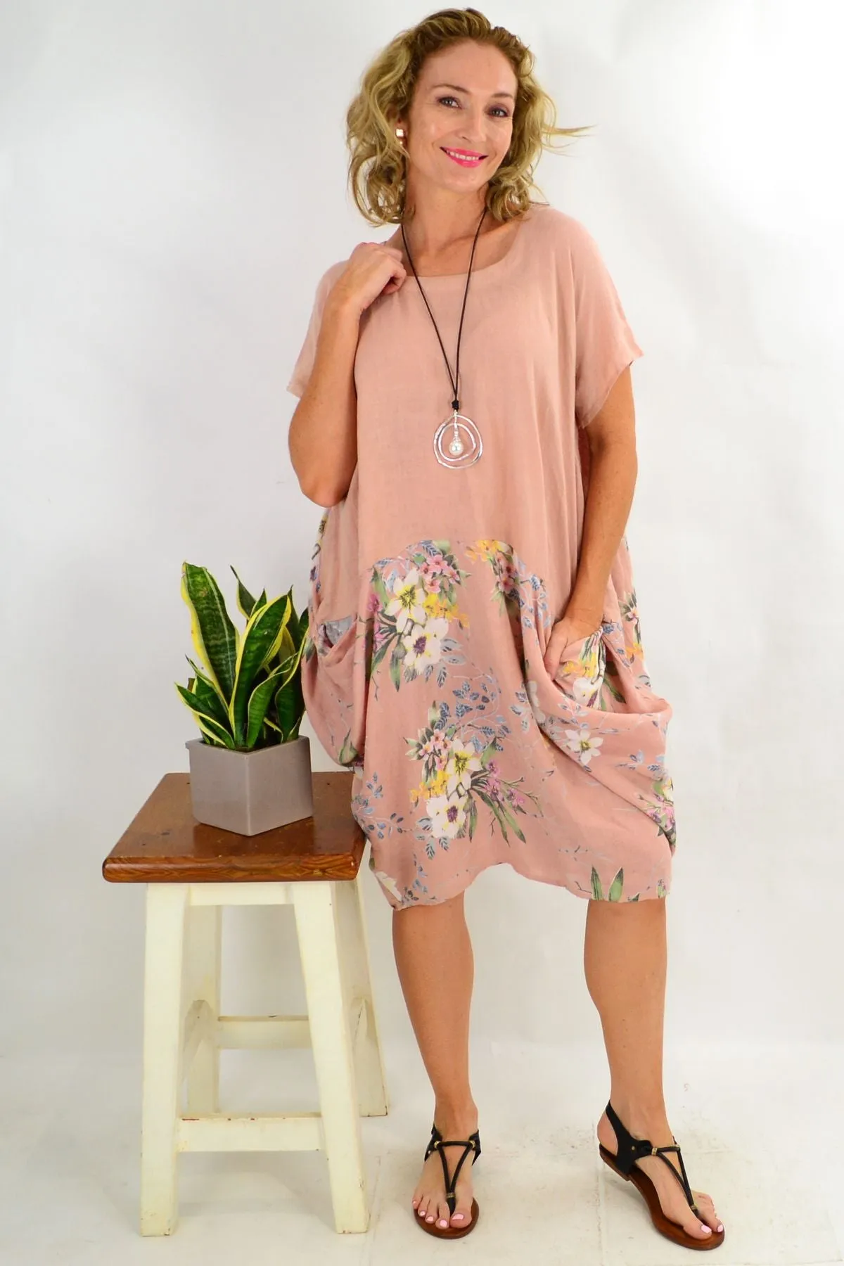 Blush Native Flower Sleeve Linen Tunic Dress