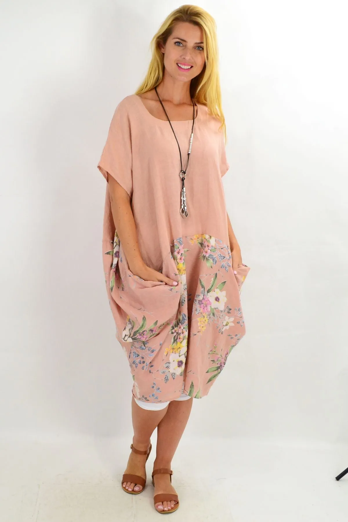 Blush Native Flower Sleeve Linen Tunic Dress