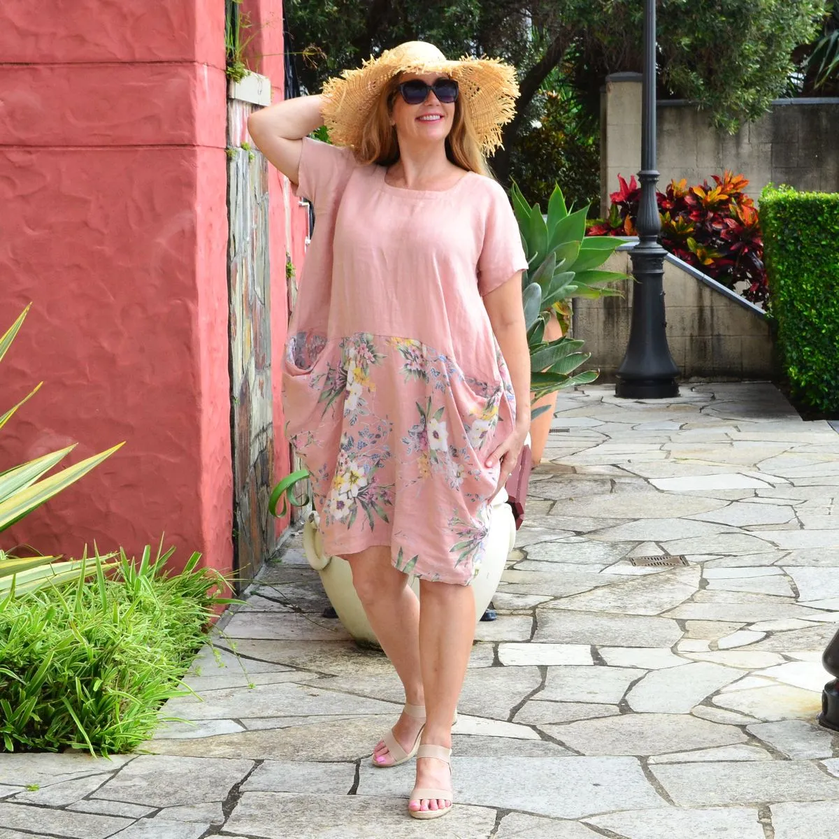 Blush Native Flower Sleeve Linen Tunic Dress