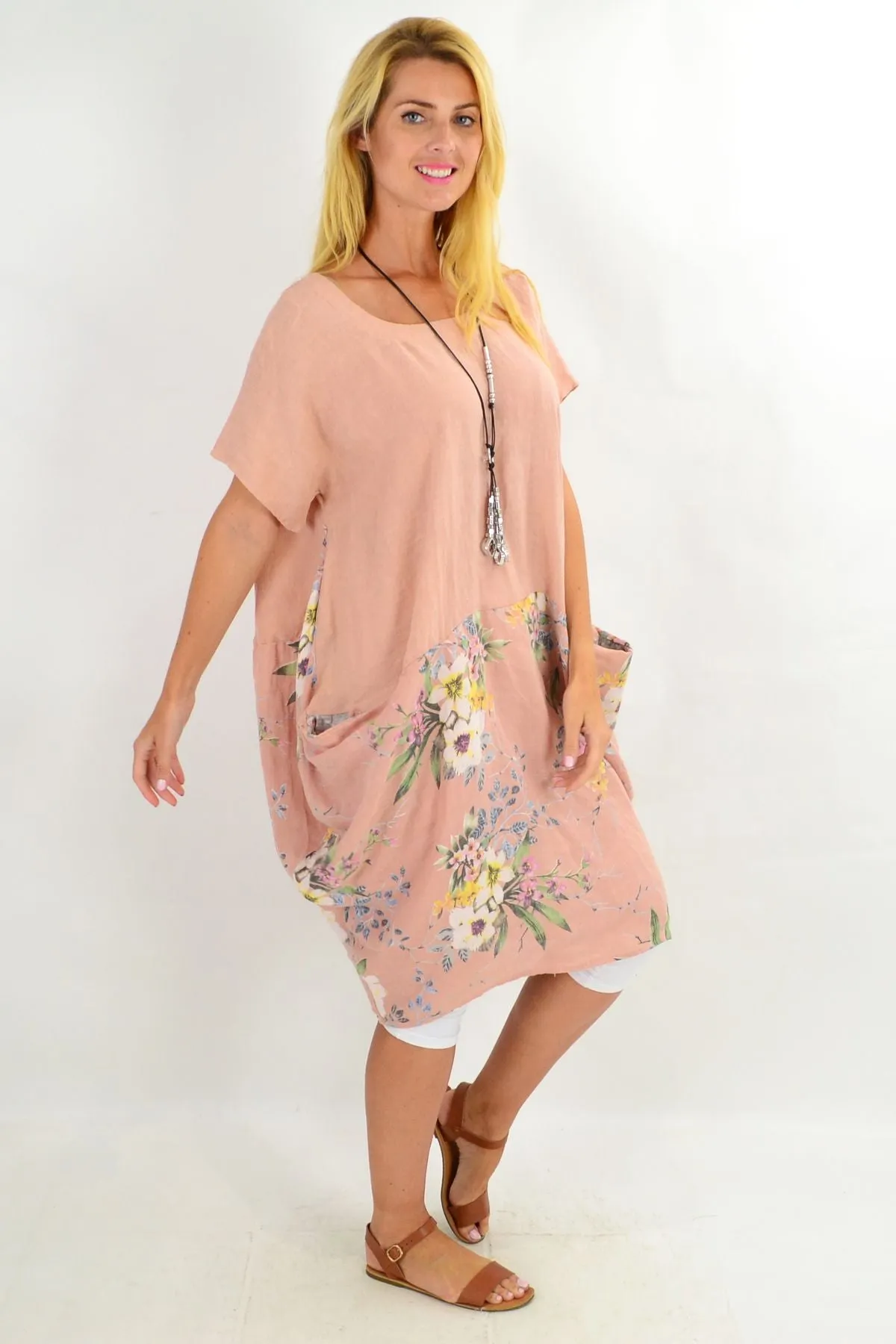 Blush Native Flower Sleeve Linen Tunic Dress