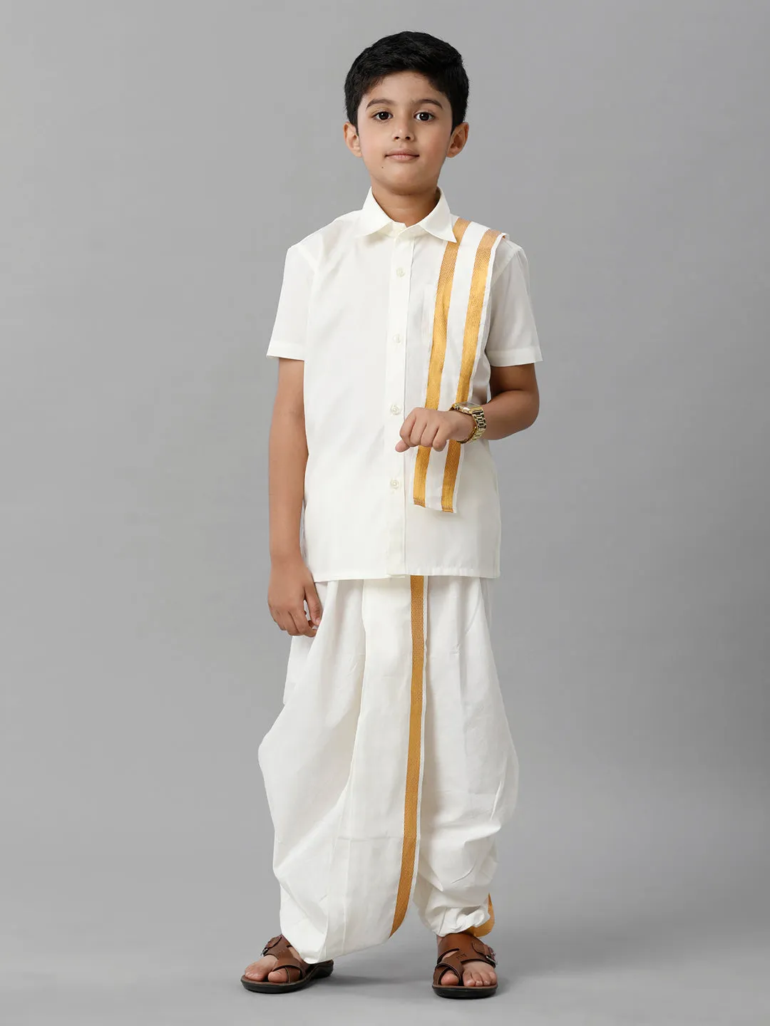 Boys Cotton Cream Half Sleeves Shirt Panchakacham Towel Combo