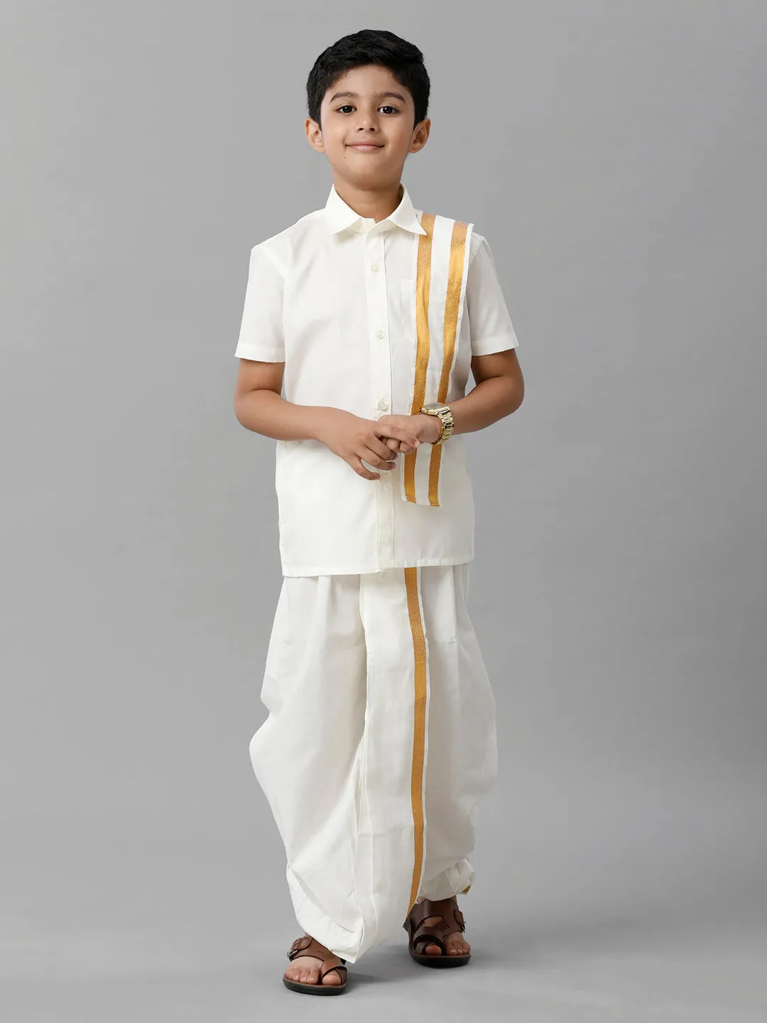 Boys Cotton Cream Half Sleeves Shirt Panchakacham Towel Combo