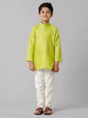 Boys Cotton Full Sleeves Parrot Green Kurta with Cream Pyjama Pant Combo FS2