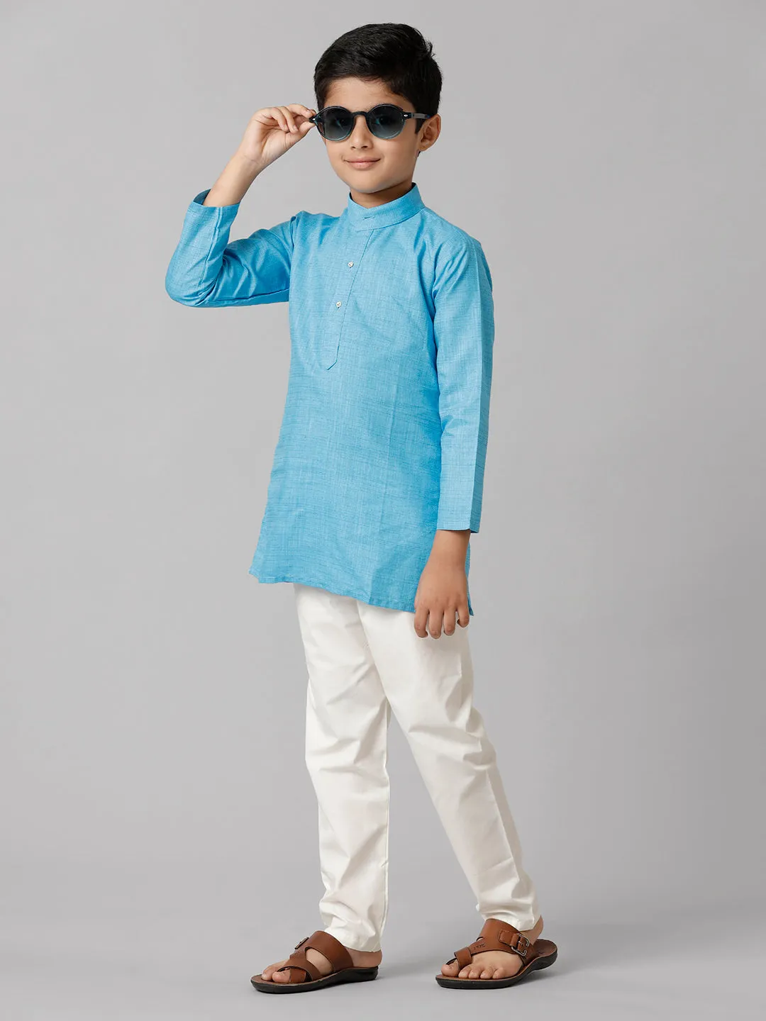 Boys Cotton Full Sleeves Sky Blue Kurta with Cream Pyjama Pant Combo FS4