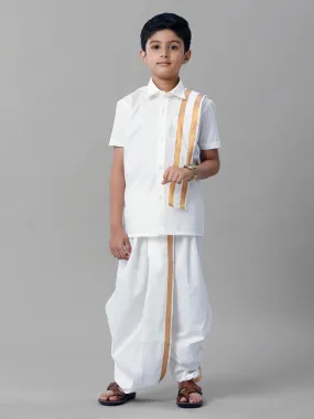 Boys Cotton White Half Sleeves Shirt Panchakacham Towel Combo