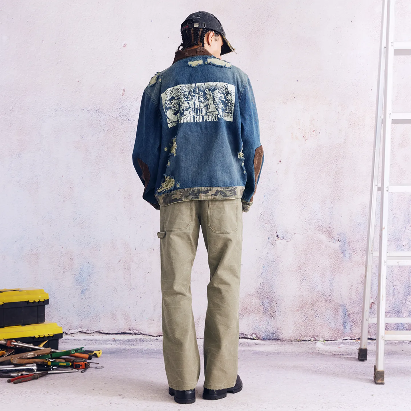 BURNIN* "Burnin for people" camouflage splicing damaged patch denim jacket