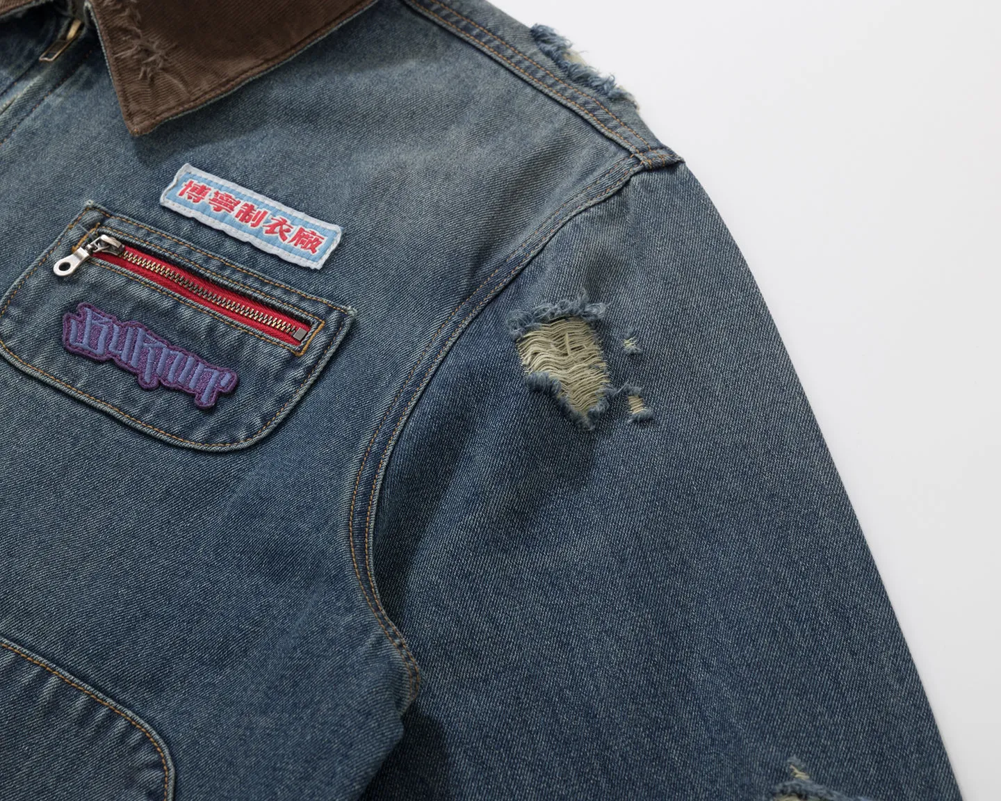 BURNIN* "Burnin for people" camouflage splicing damaged patch denim jacket