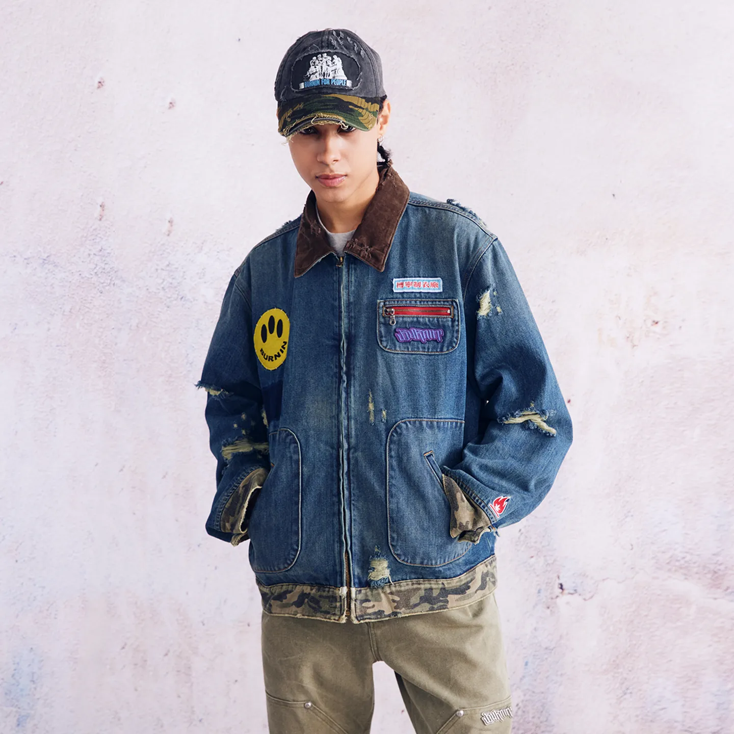 BURNIN* "Burnin for people" camouflage splicing damaged patch denim jacket