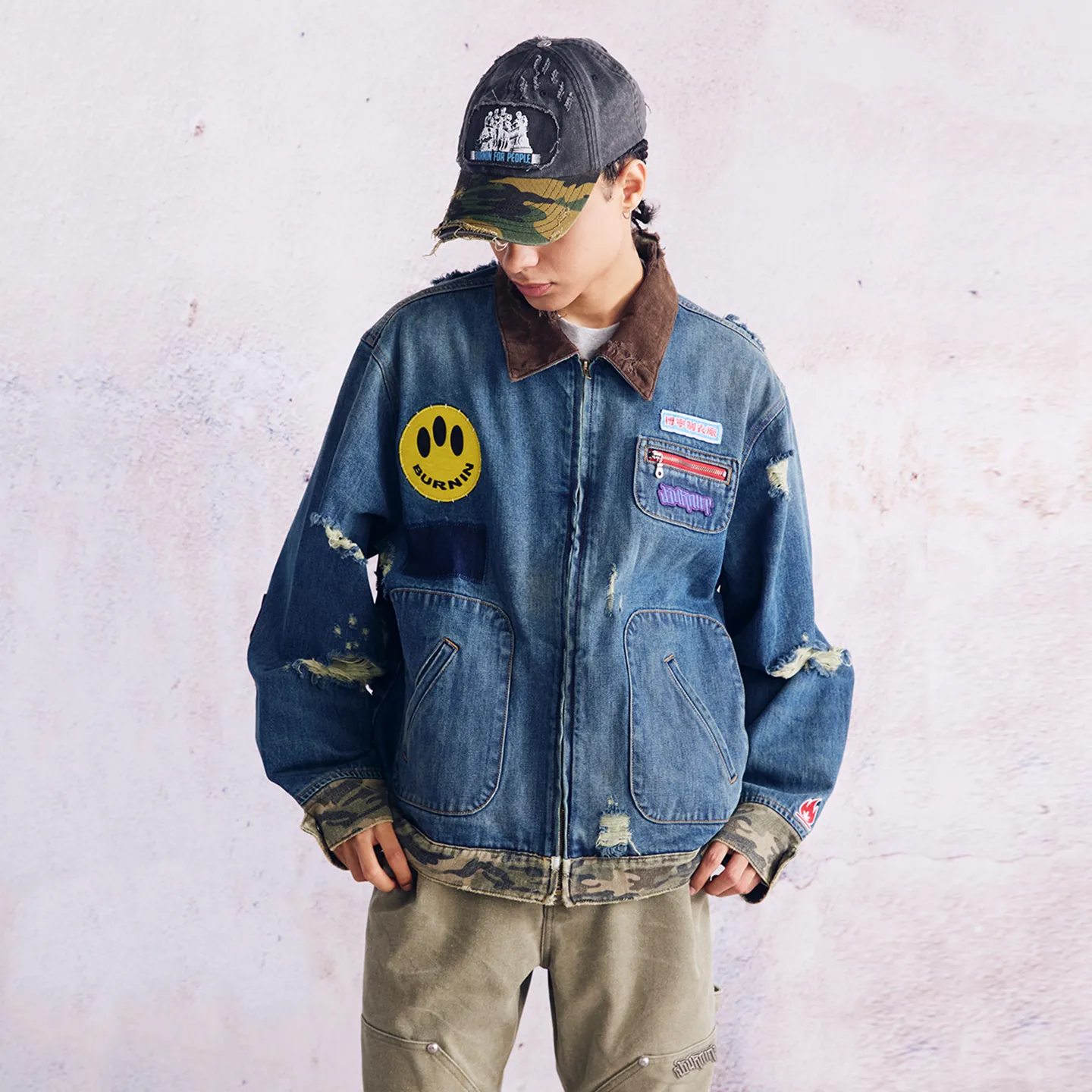 BURNIN* "Burnin for people" camouflage splicing damaged patch denim jacket