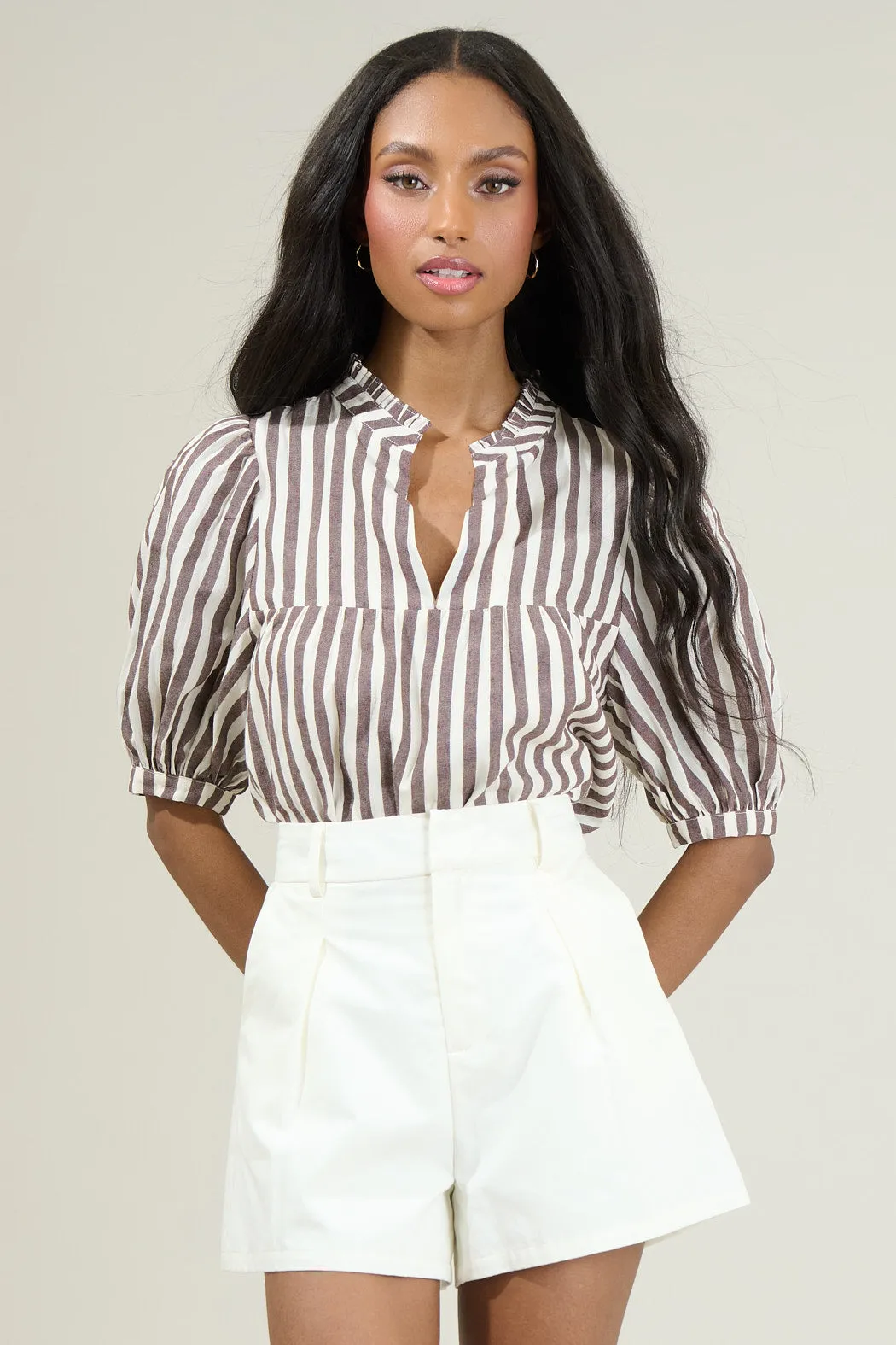 Catana Striped Delano Ruffle Split Neck Blouse