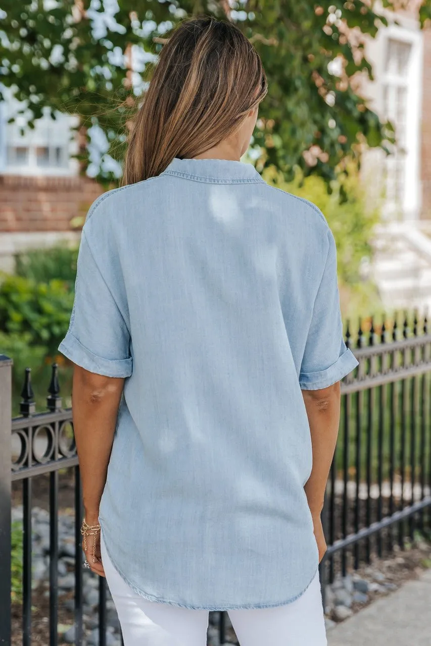 Chambray Short Sleeve Button Up Top