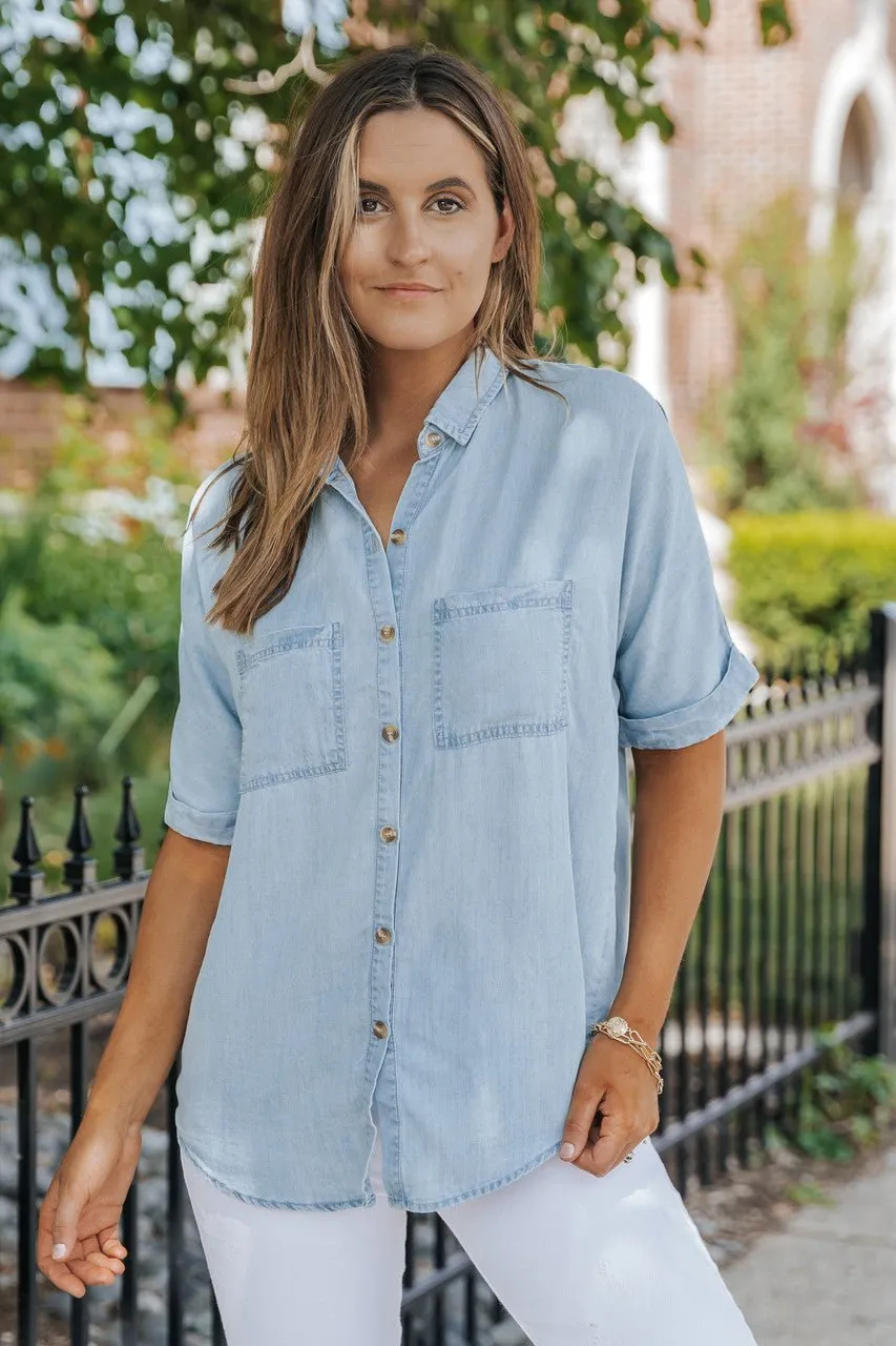 Chambray Short Sleeve Button Up Top