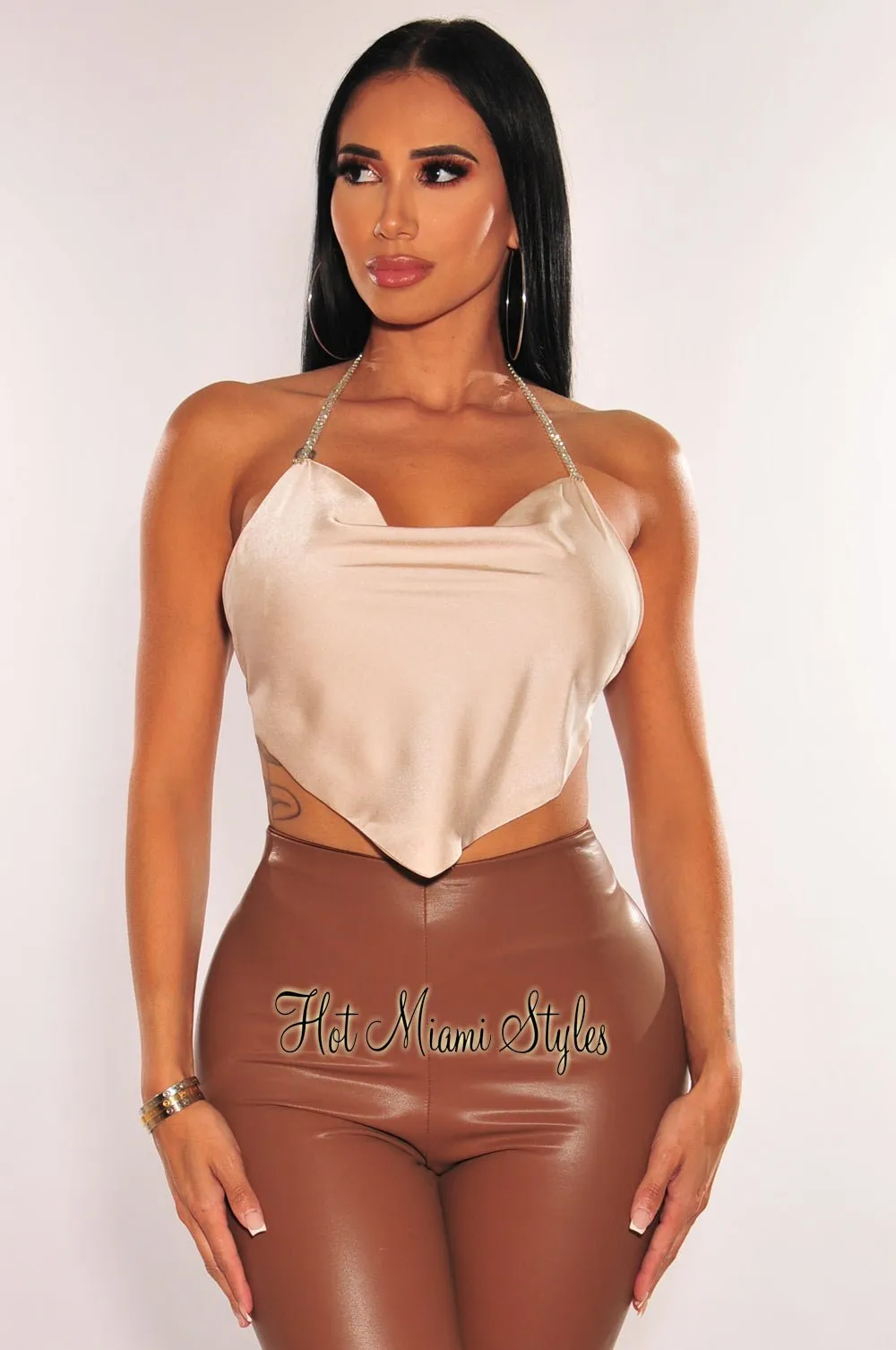 Champagne Silky Rhinestone Halter Draped Tie Up Crop Top