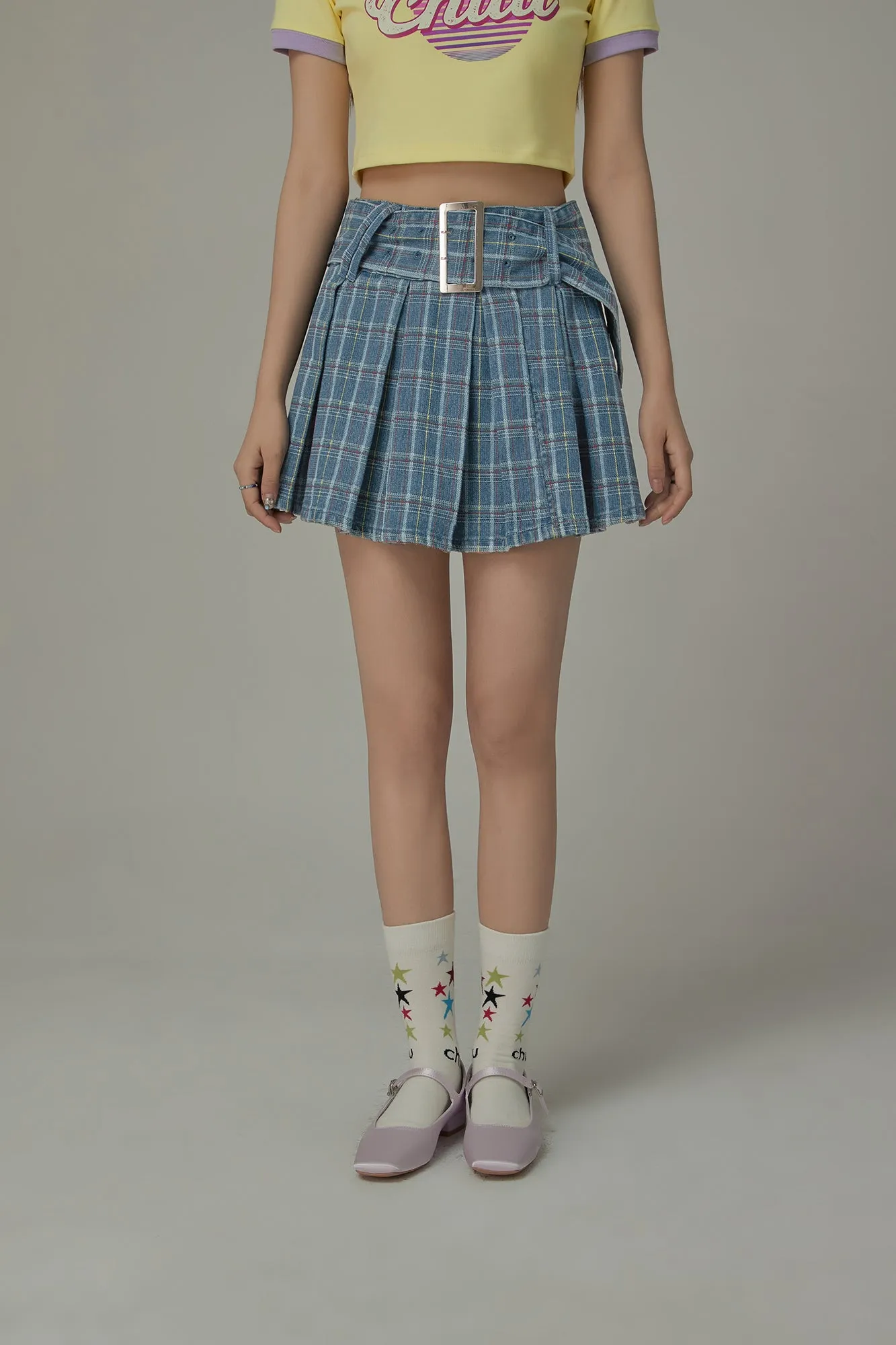 Check Pleated Big Belt Mini Skirt