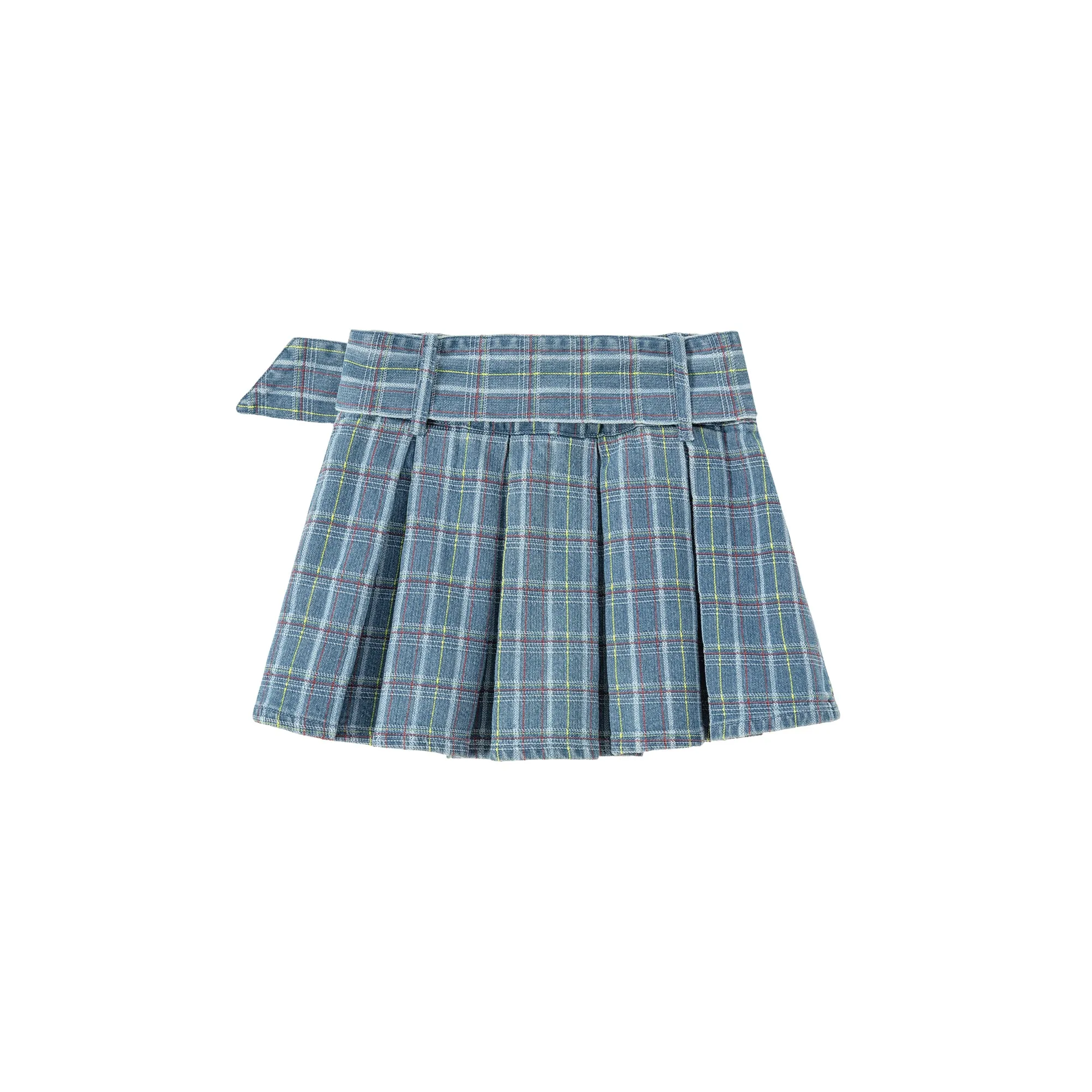 Check Pleated Big Belt Mini Skirt