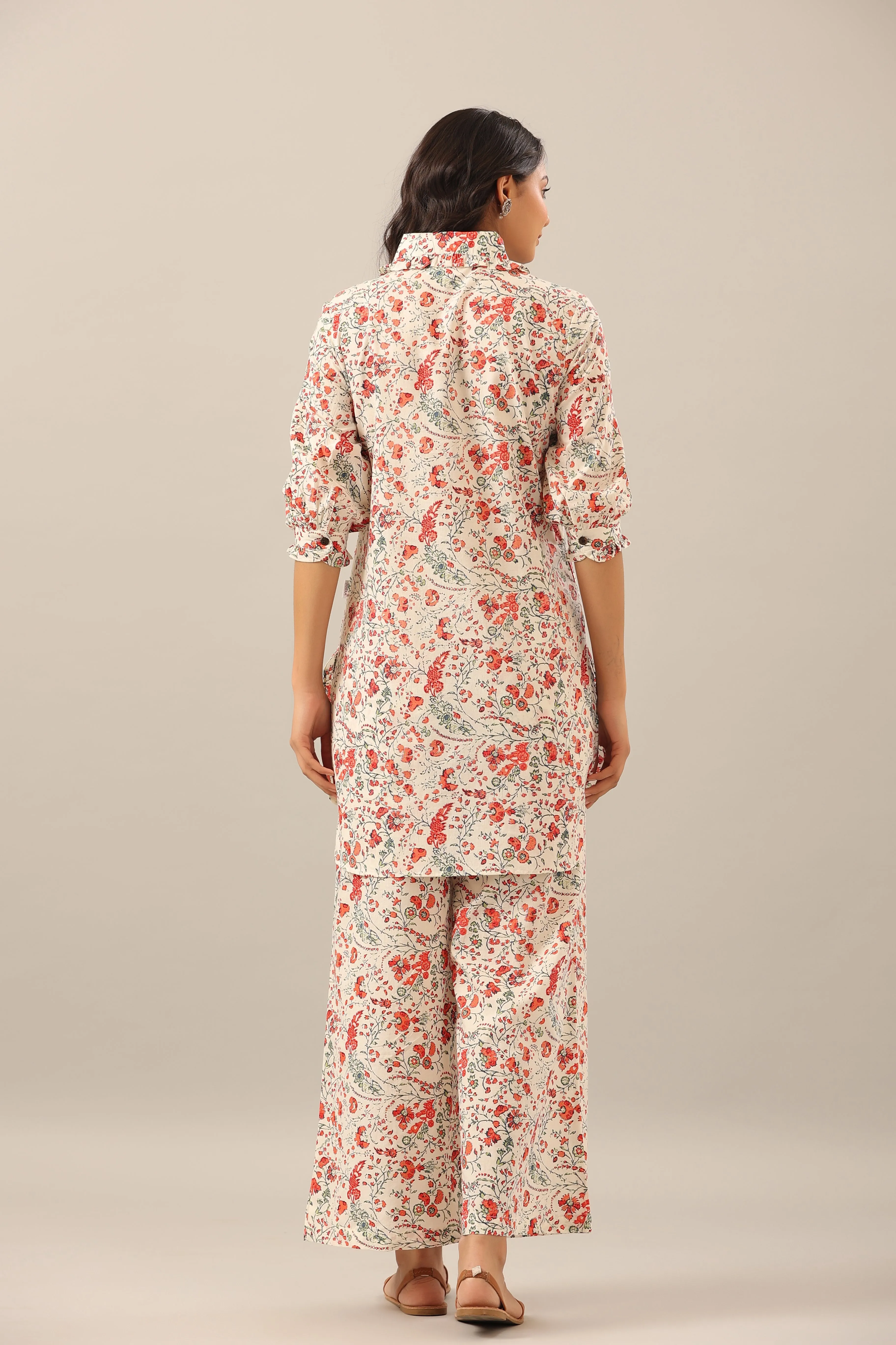 Chintz Collared Floral Jaal on white Collared Lounge Co-ord Set